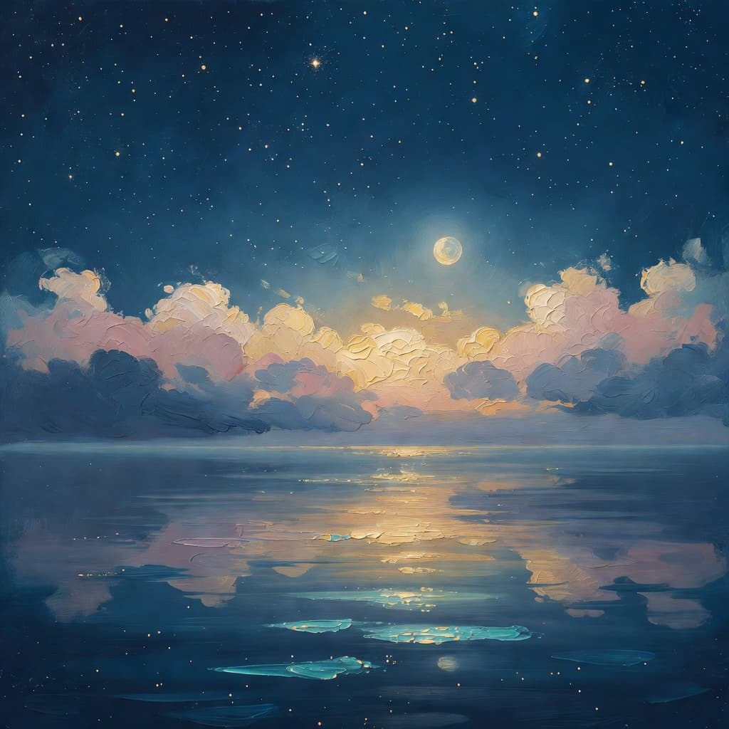 Impressionist oil painting of a serene scene related to a noite quando não consegue dormir, Sacred palette
