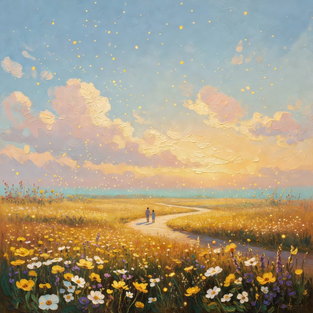 Impressionist oil painting of a serene scene related to tus hijos, Sacred palette