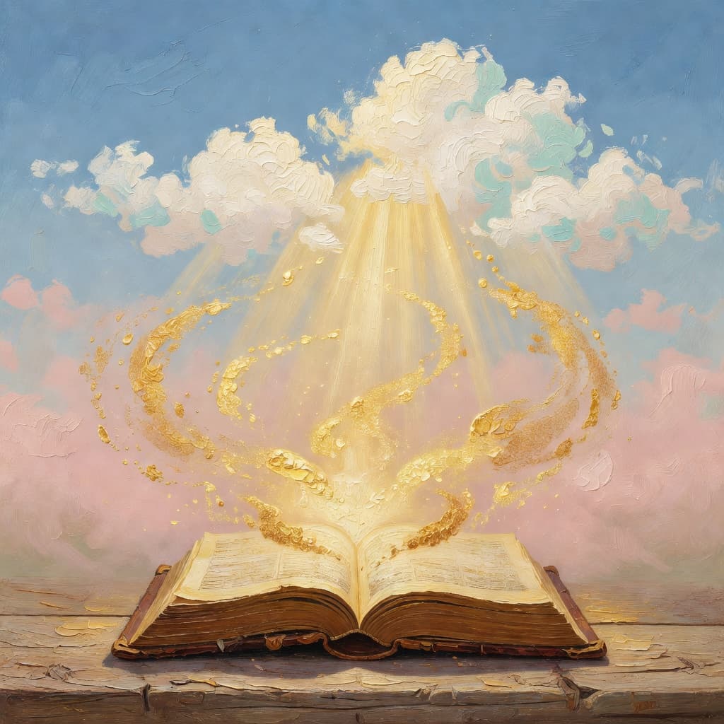 Pintura impresionista al óleo de un libro antiguo abierto con luz dorada emanando de sus páginas