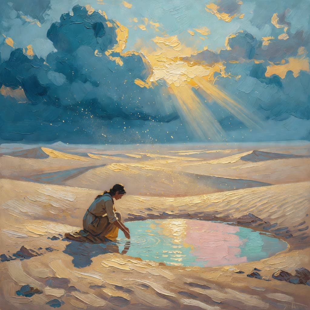 Impressionist oil painting about Hagar with golden light and sacred clouds