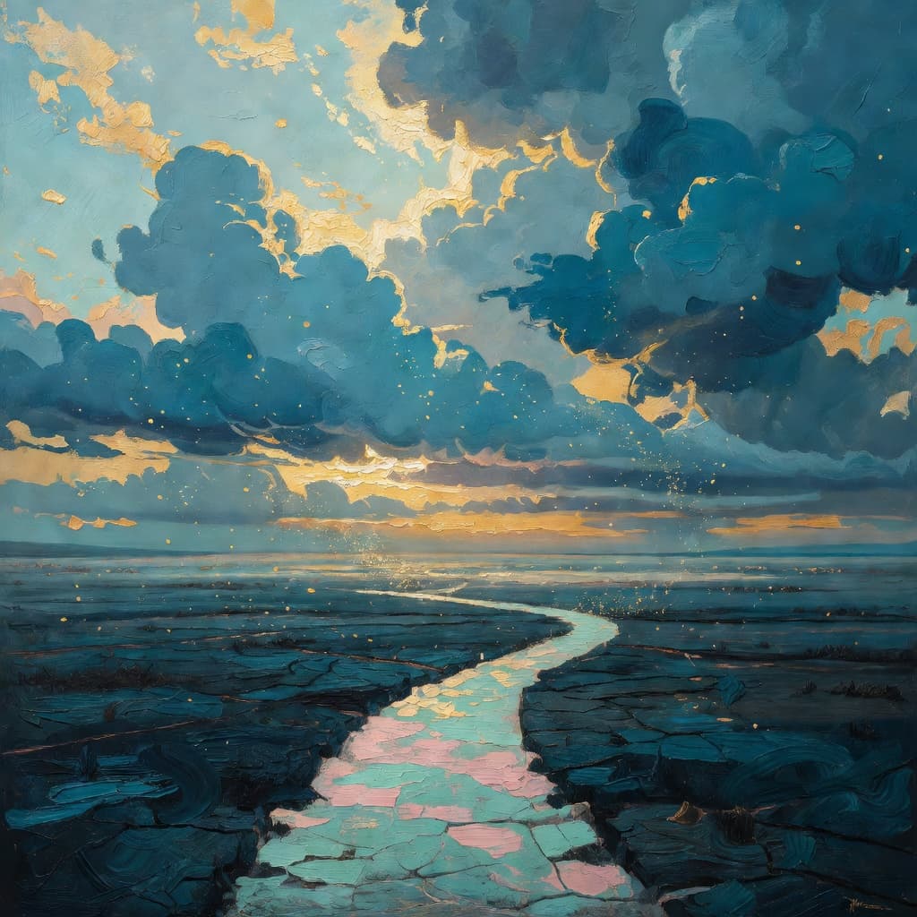 Impressionist oil painting about Lot with golden light and sacred clouds