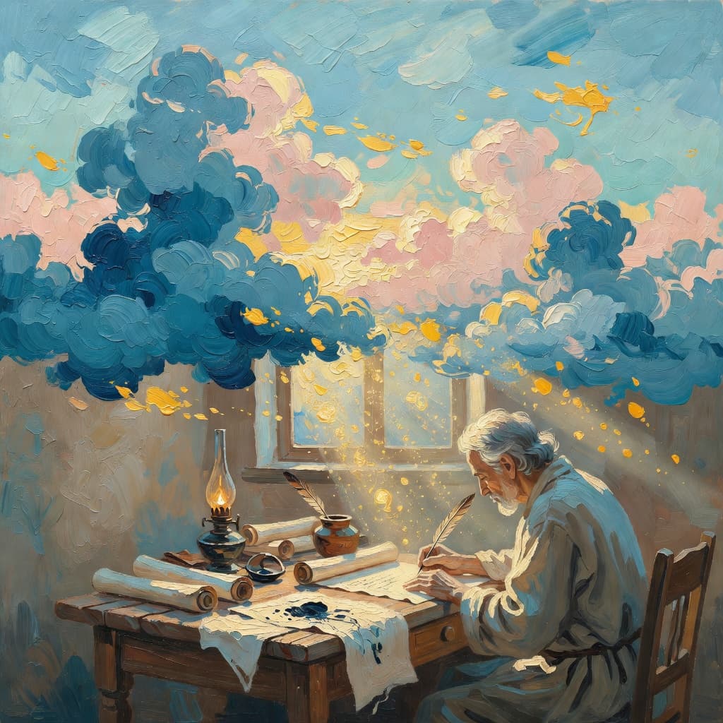 Impressionist oil painting about Luke the Evangelist with golden light and sacred clouds