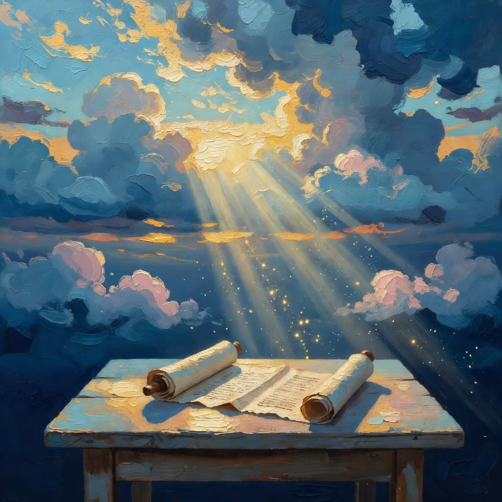 Impressionist oil painting about Mark the Evangelist with golden light and sacred clouds