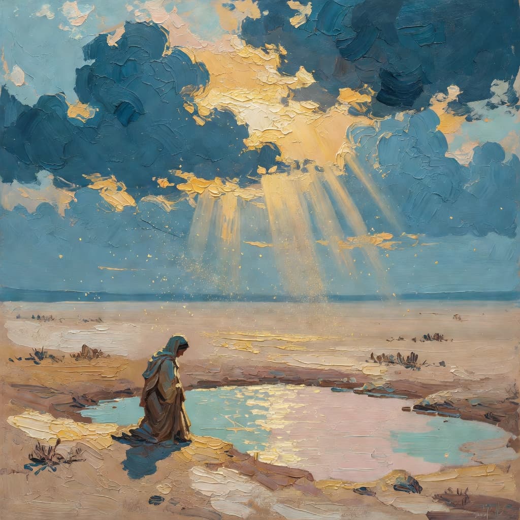 Impressionist oil painting about Nicodemus with golden light and sacred clouds