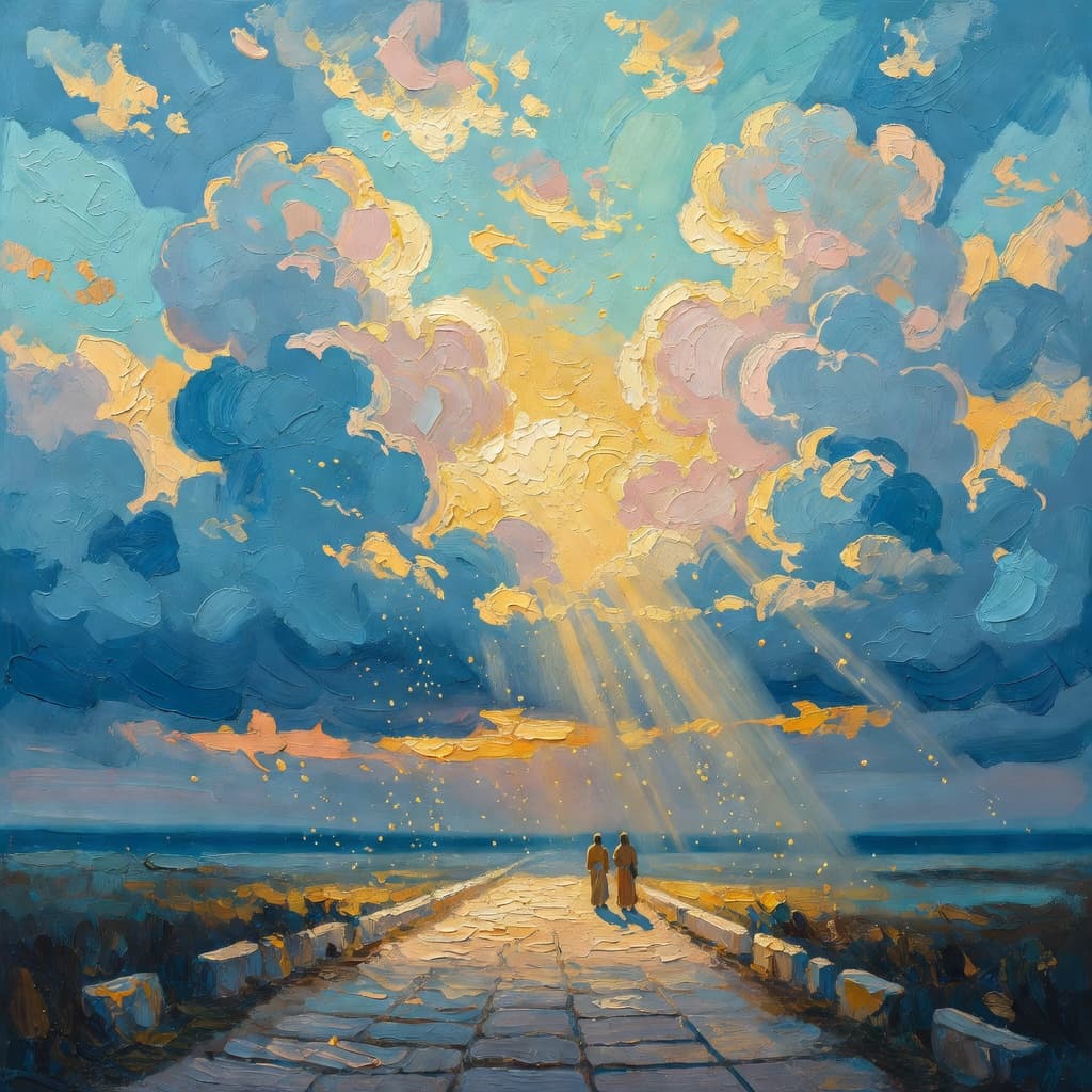 Impressão em óleo sobre Priscilla e Aquila com luz dourada e nuvens sagradas