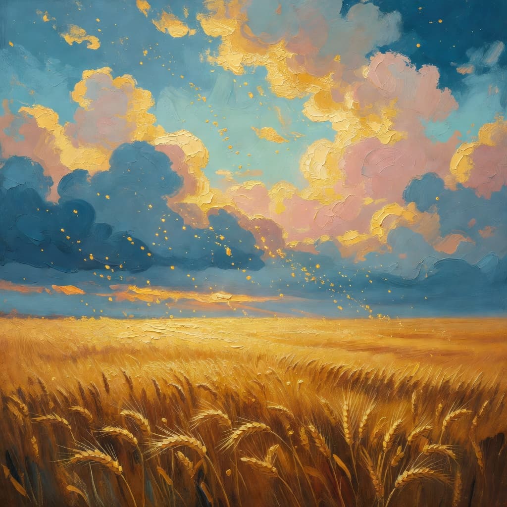 Impressionist oil painting about Boaz with golden light and sacred clouds