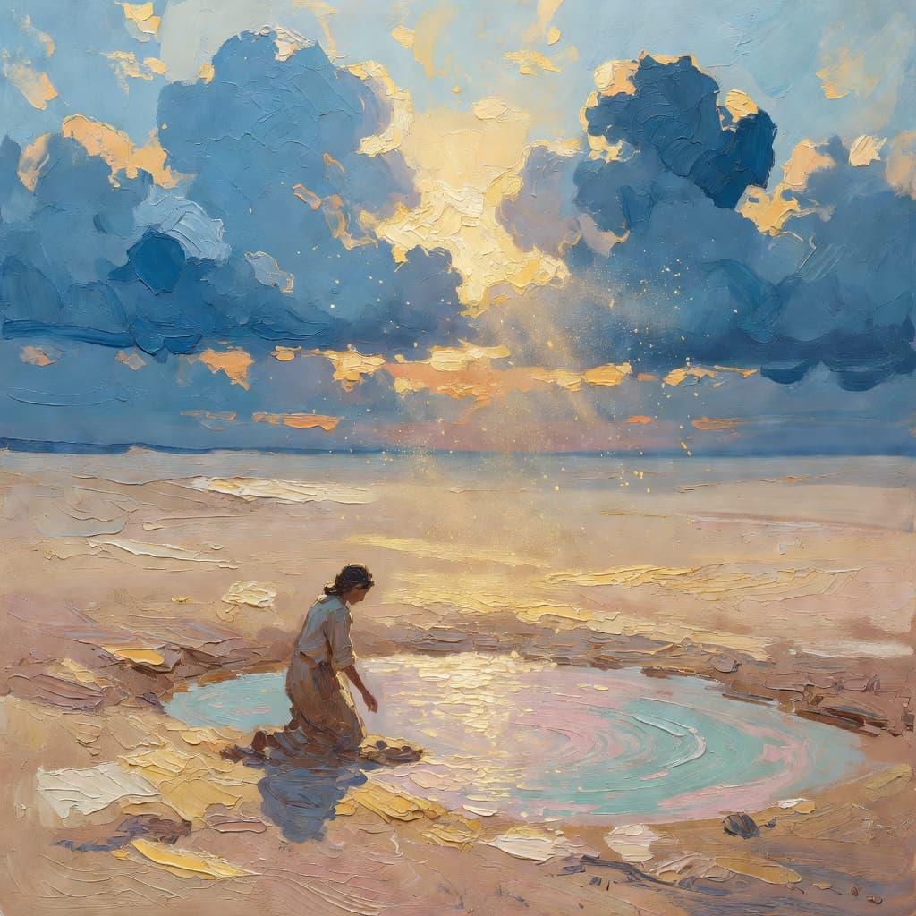 Impressionist oil painting about Hagar with golden light and sacred clouds