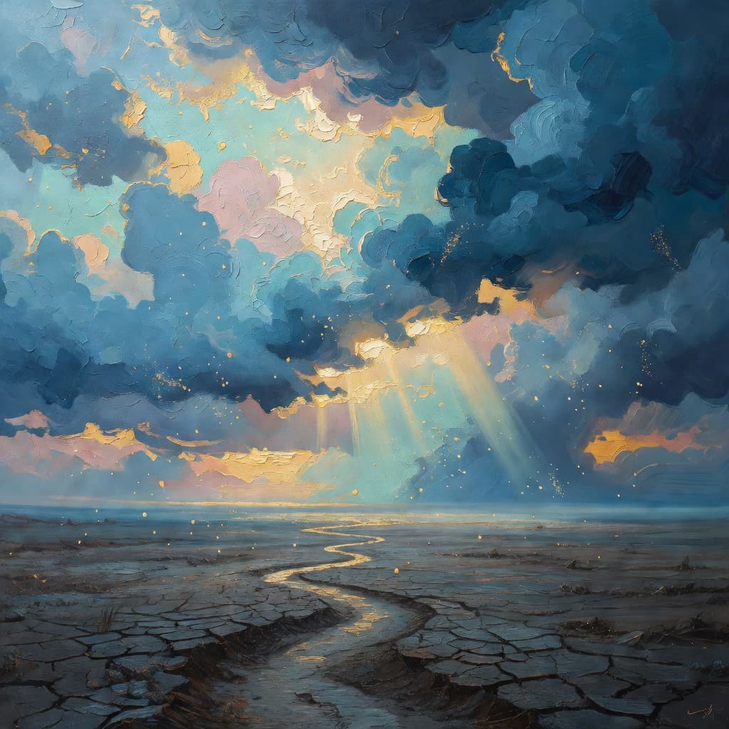 Impressionist oil painting about Lot with golden light and sacred clouds