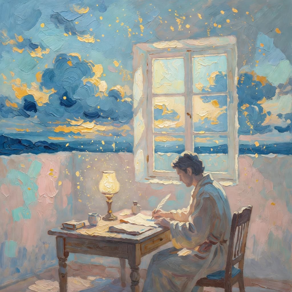 Impressionist oil painting about Luke the Evangelist with golden light and sacred clouds