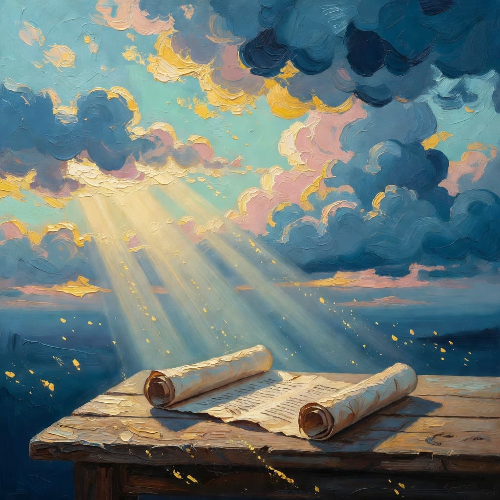 Impressionist oil painting about Mark the Evangelist with golden light and sacred clouds