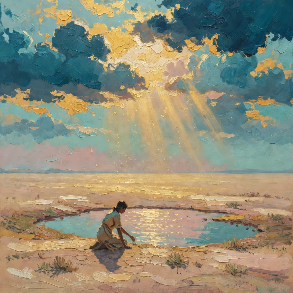 Impressionist oil painting about Thomas the Apostle with golden light and sacred clouds