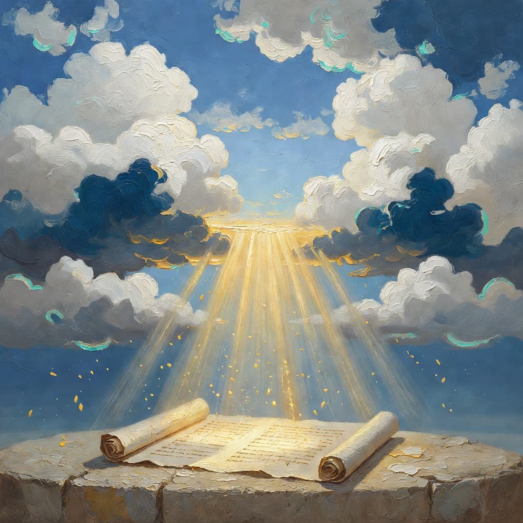 Impressionist oil painting of divine golden light breaking through dramatic clouds over an ancient scroll, symbolizing the theology of grace in Romans