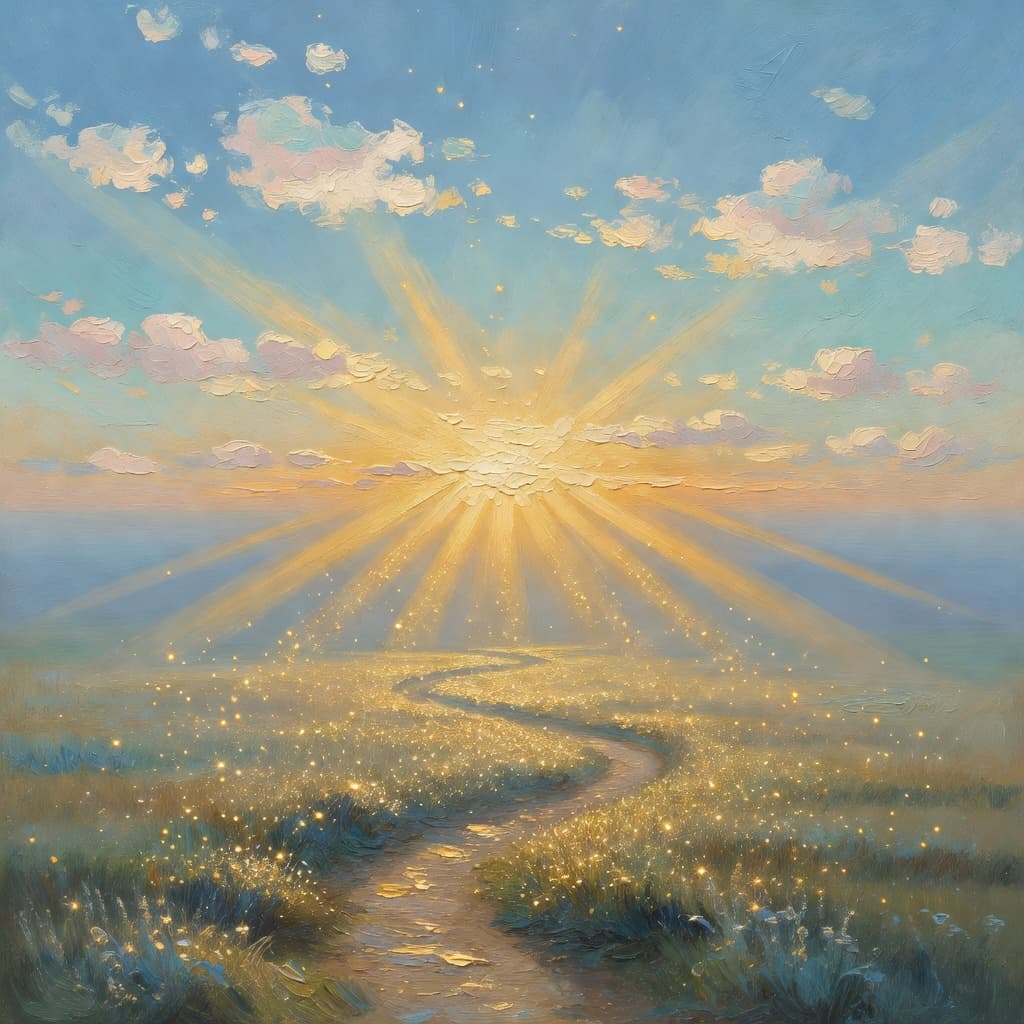 Impressionist oil painting of a golden sunrise breaking through clouds over a peaceful landscape