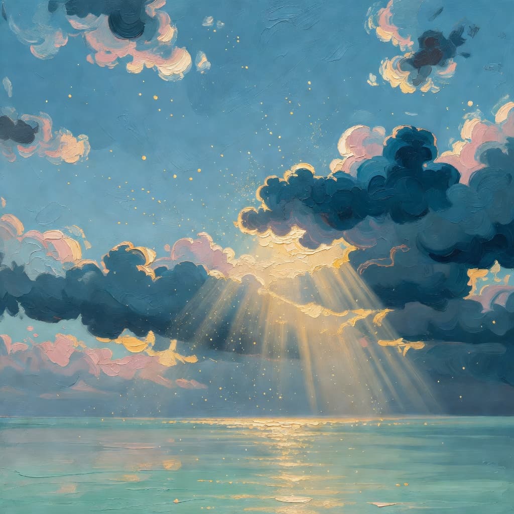 Impressionist oil painting of storm clouds parting to reveal golden light breaking through a vast sky