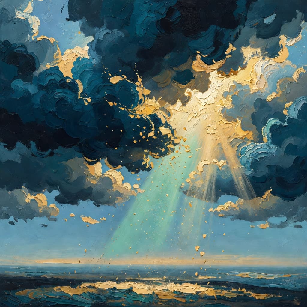 Impressionist oil painting of a luminous sky with golden light and clouds, evoking divorce