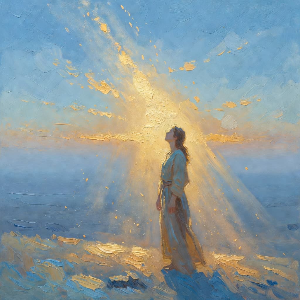 Impressionist oil painting depicting God's will in warm golden and blue tones