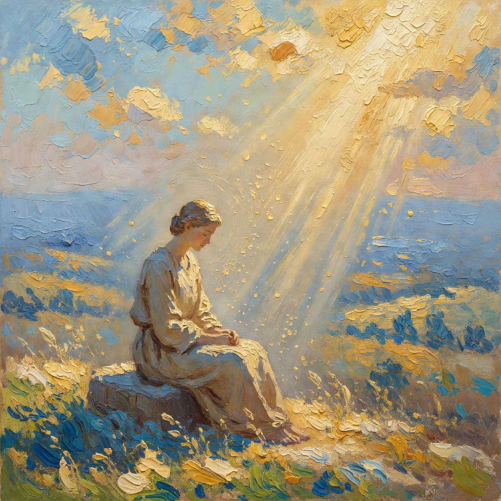 Impressionist oil painting depicting grace in warm golden and blue tones