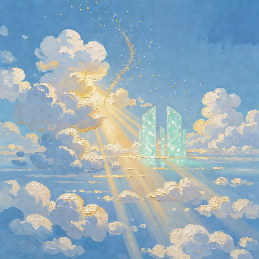 Luminous impressionist painting of golden light breaking through celestial clouds, representing the biblical vision of heaven