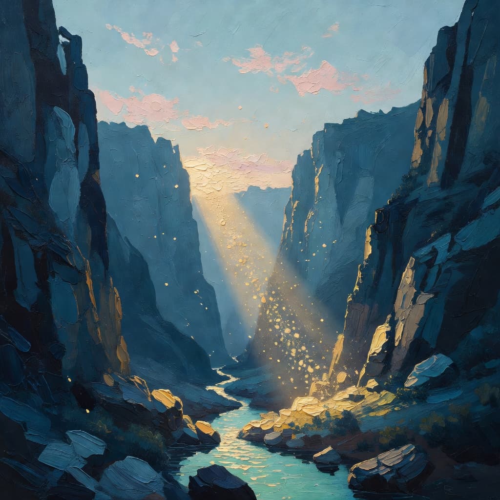 Impressionist oil painting of dawn breaking over a dark landscape with first rays of golden light