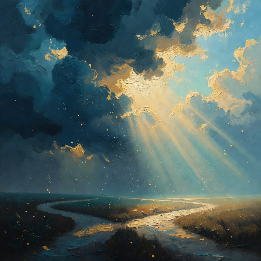 Impressionist oil painting of two diverging paths with golden light illuminating one while the other fades into shadow