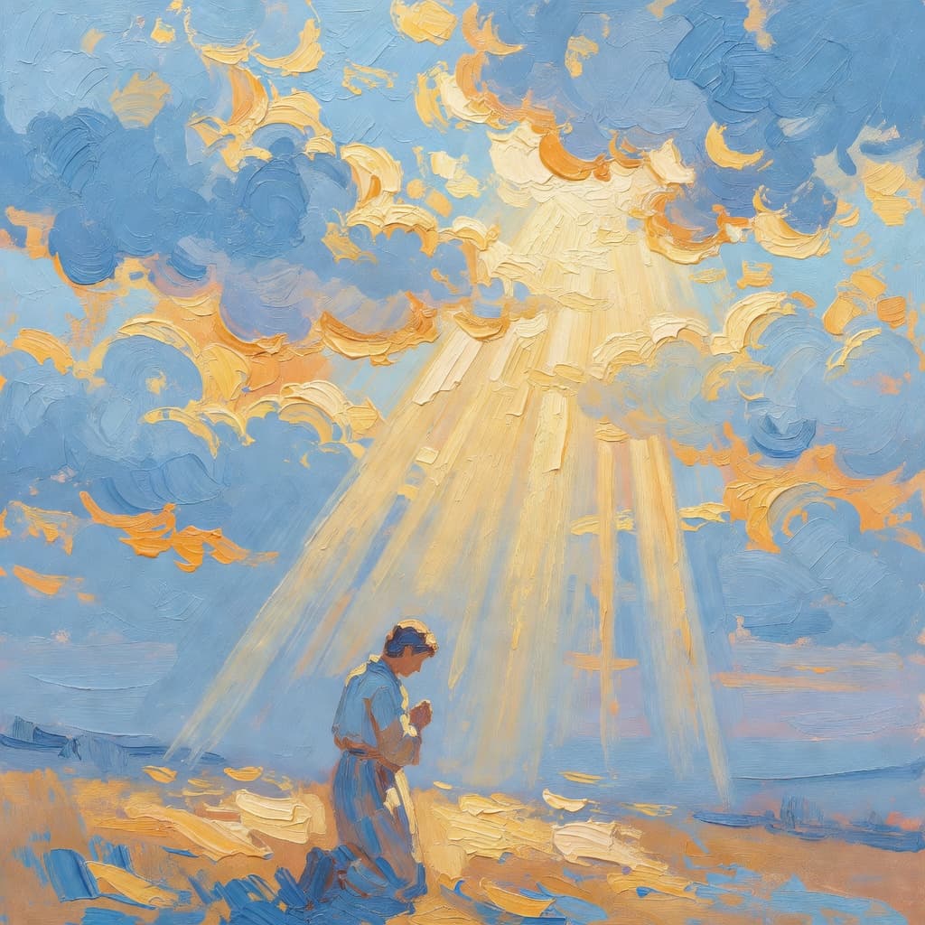 Impressionist oil painting depicting prayer in warm golden and blue tones