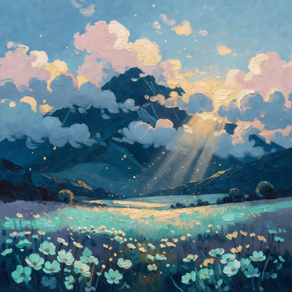 Impressionist oil painting of a tall mountain peak piercing through clouds seen from a humble valley with wildflowers