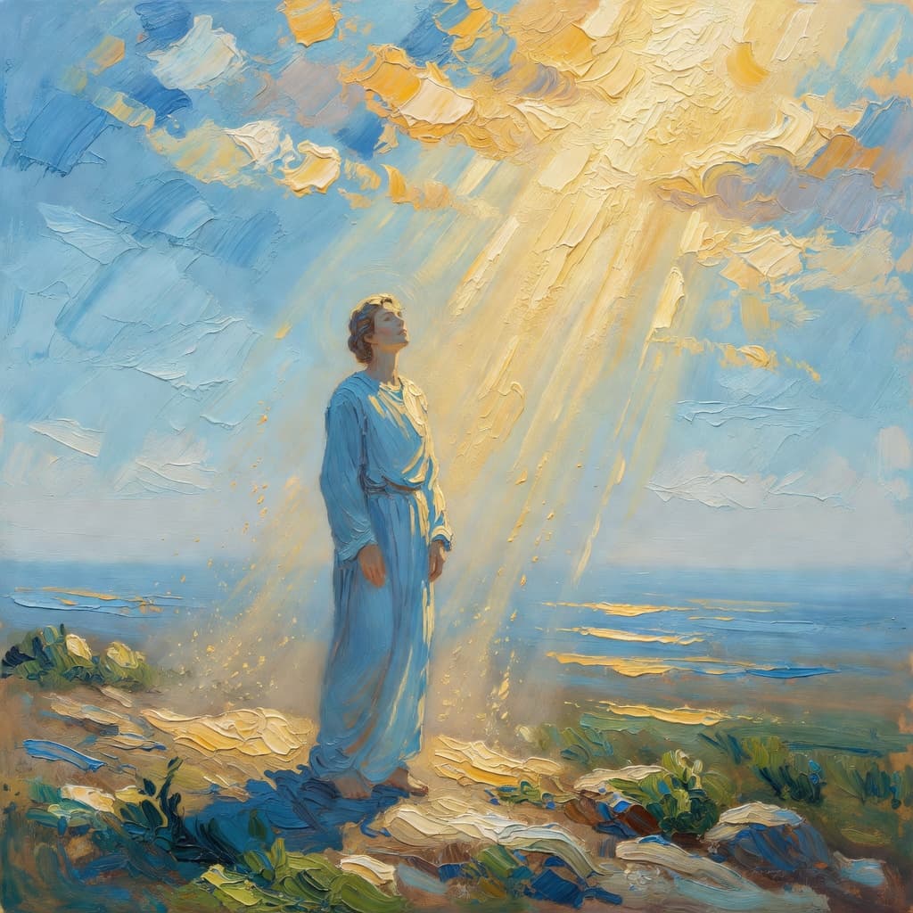 Impressionist oil painting depicting salvation in warm golden and blue tones