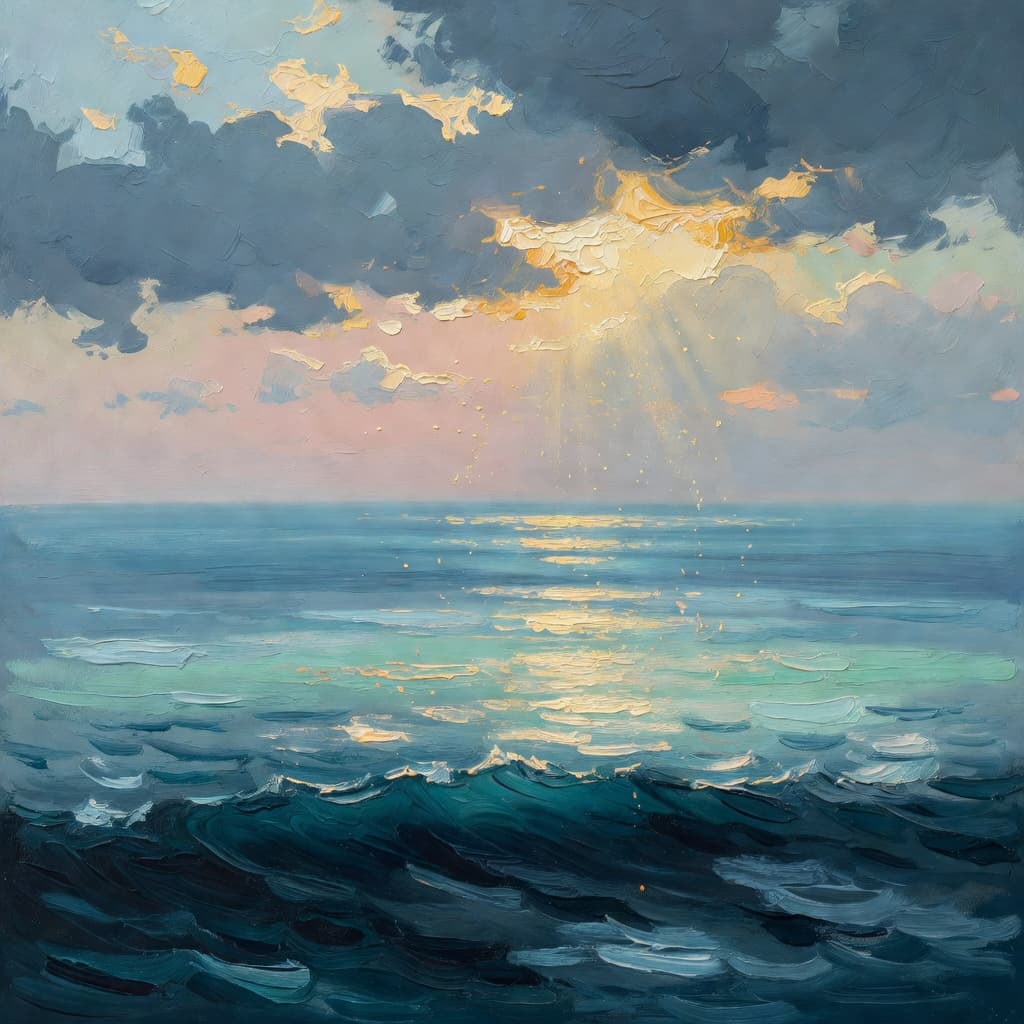 Impressionist oil painting of dark ocean waves giving way to calm waters reflecting golden sunrise light