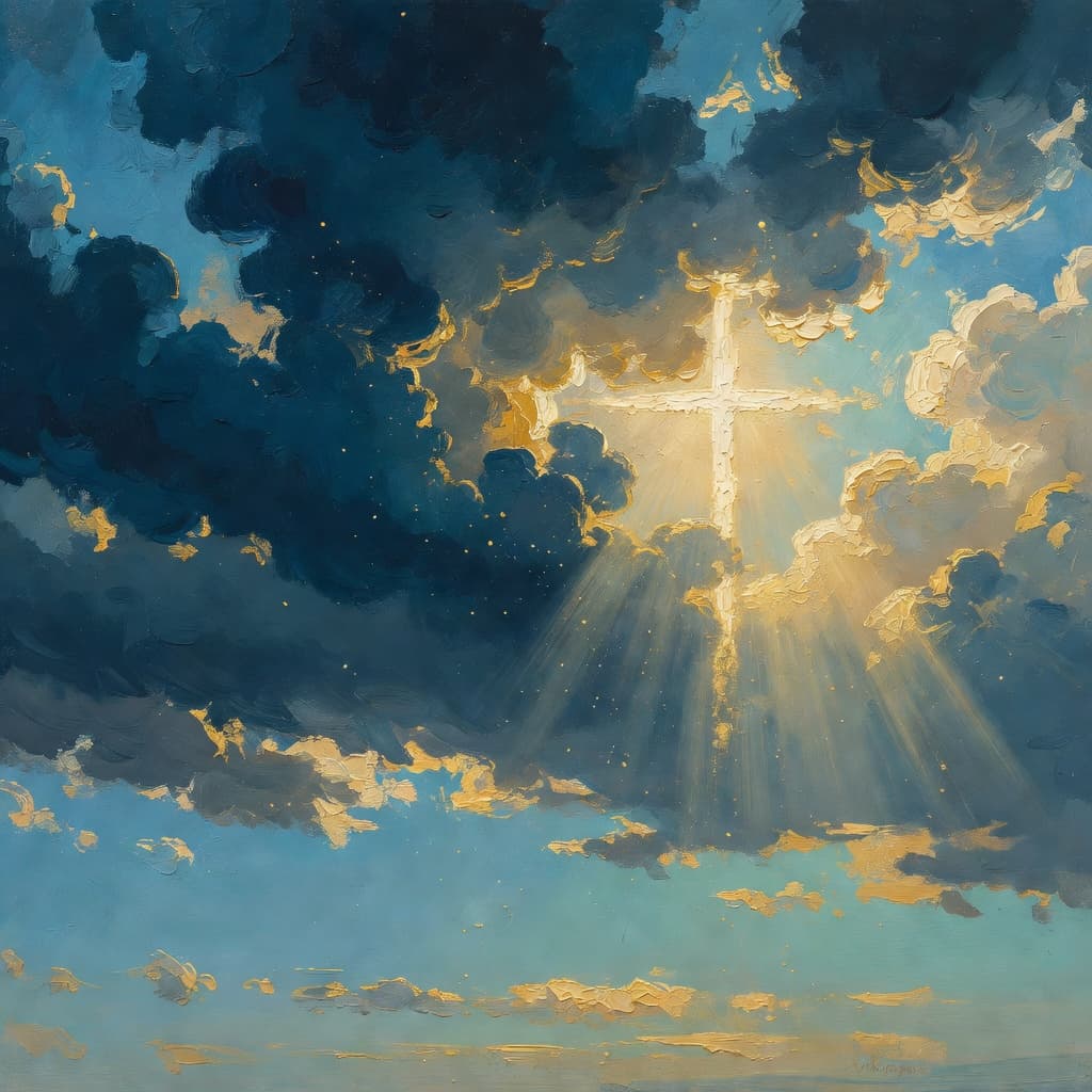 Dramatic impressionist painting of dark navy clouds breaking apart to reveal brilliant golden light, representing spiritual victory