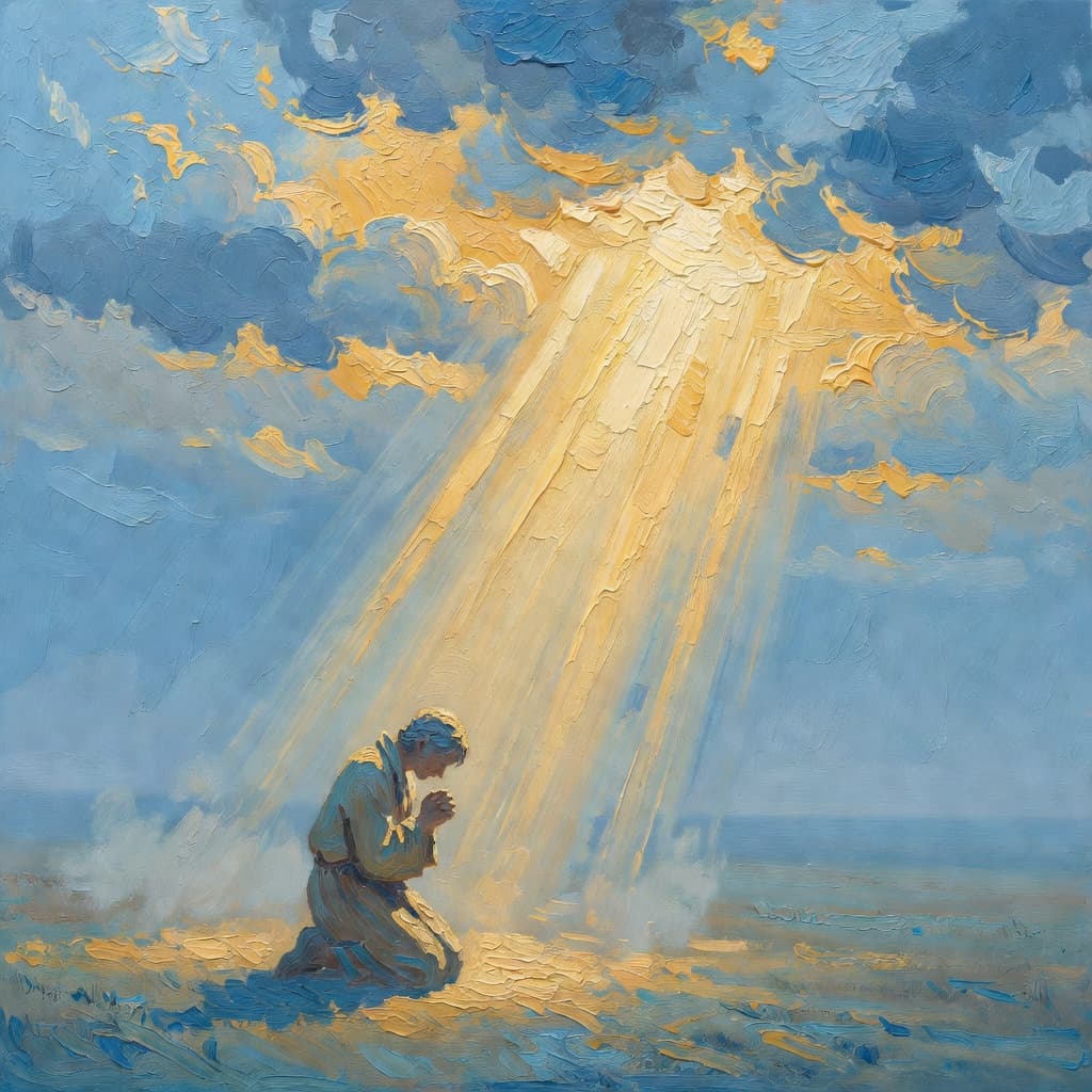 Impressionist oil painting depicting suffering in warm golden and blue tones