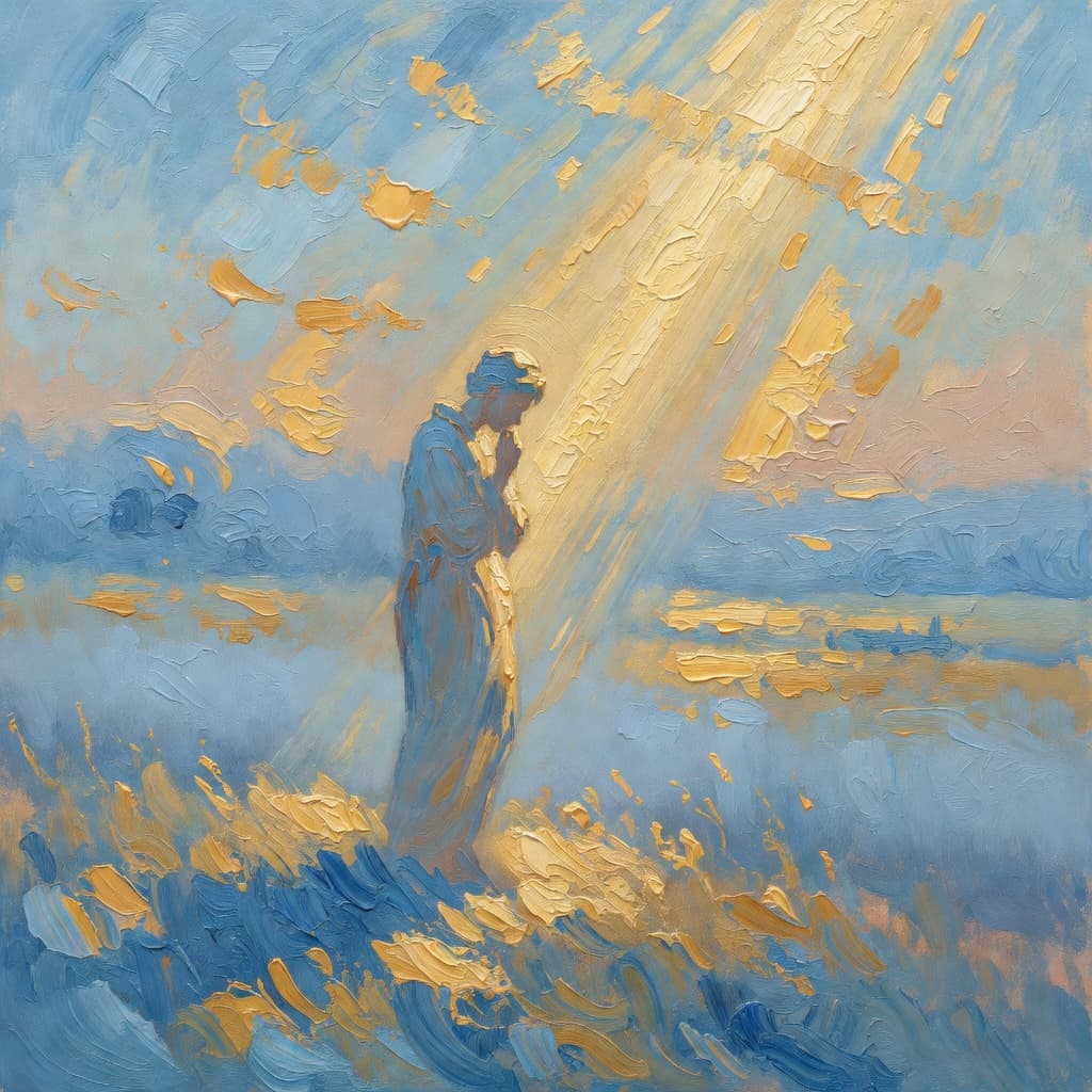 Impressionist oil painting depicting temptation in warm golden and blue tones