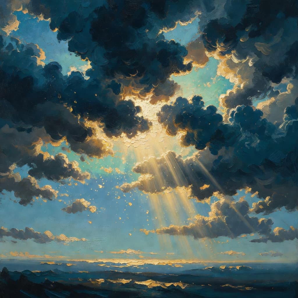 Impressionist oil painting of a luminous sky with golden light and clouds, evoking toxic relationships