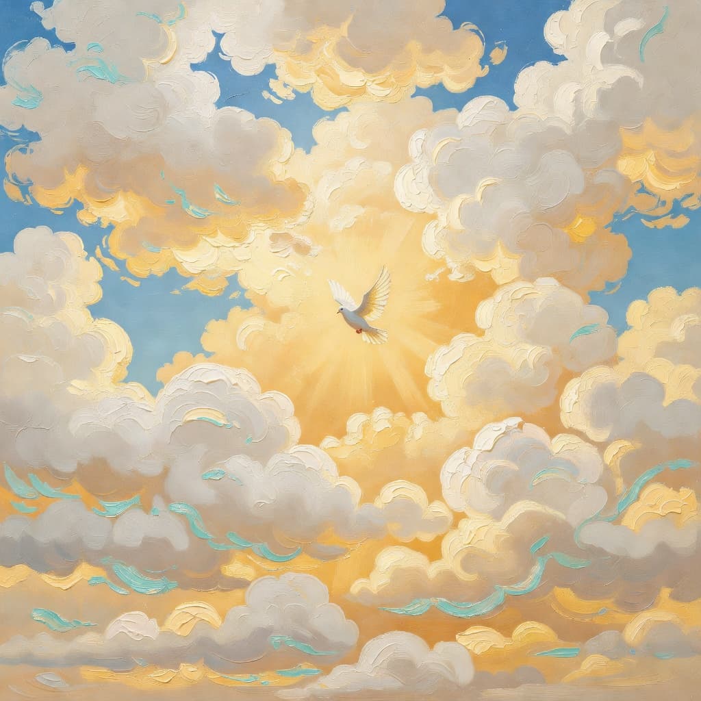 Luminous impressionist painting of golden light streaming through clouds with celestial rays, representing divine worship