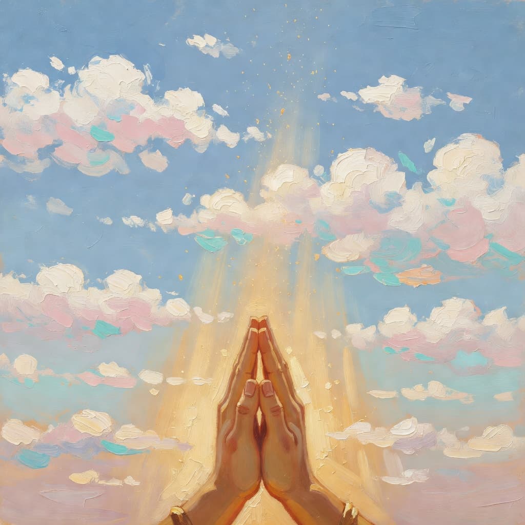 Impressionist oil painting of quiet prayer scene with soft golden light breaking through clouds, Sacred palette