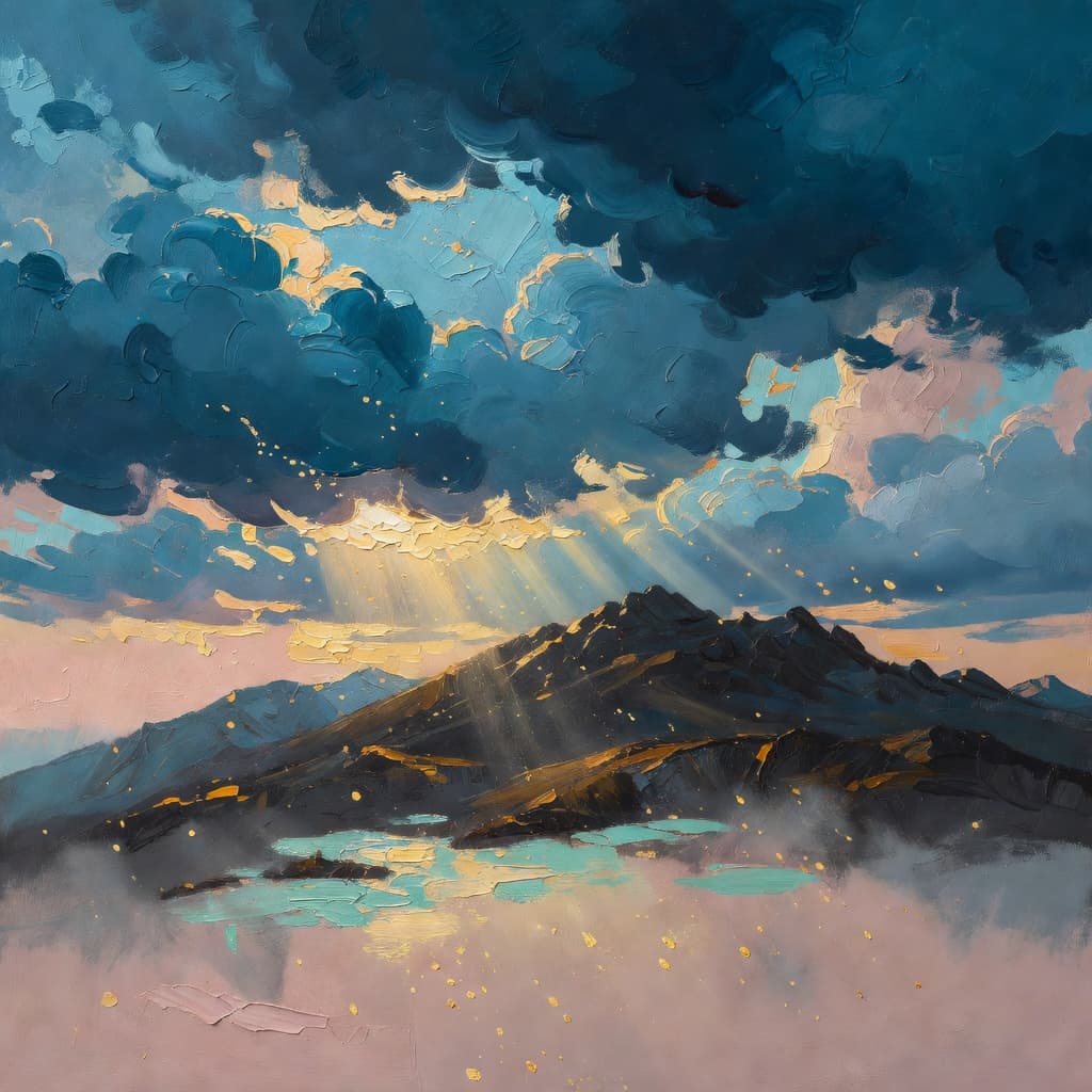 Impressionist oil painting representing gideon with golden light, sacred clouds, and a hopeful biblical atmosphere