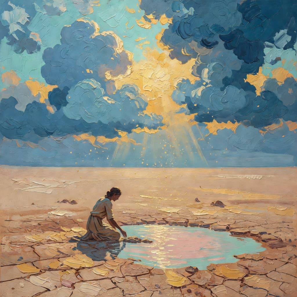 Impressionist oil painting about Hagar with golden light and sacred clouds