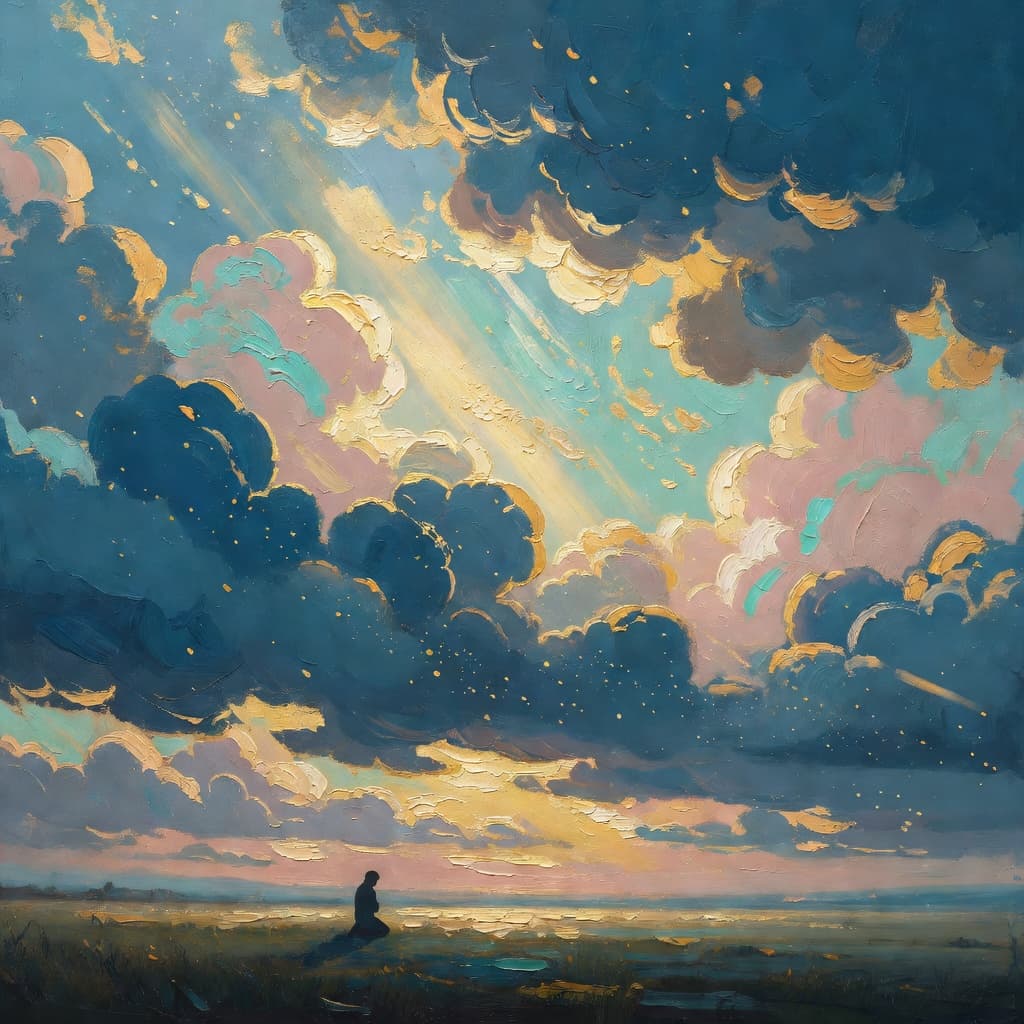 Impressionist oil painting representing hannah with golden light, sacred clouds, and a hopeful biblical atmosphere