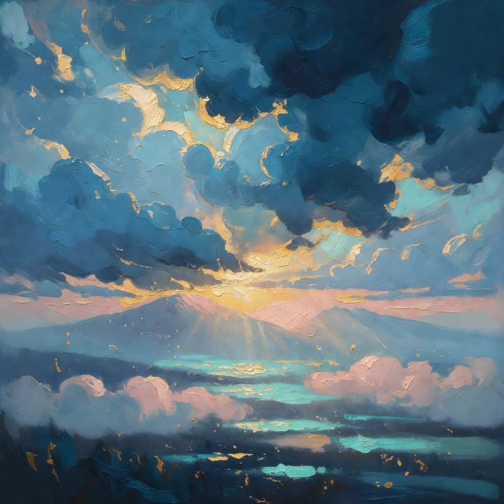 Impressionist oil painting representing isaac with golden light, sacred clouds, and a hopeful biblical atmosphere