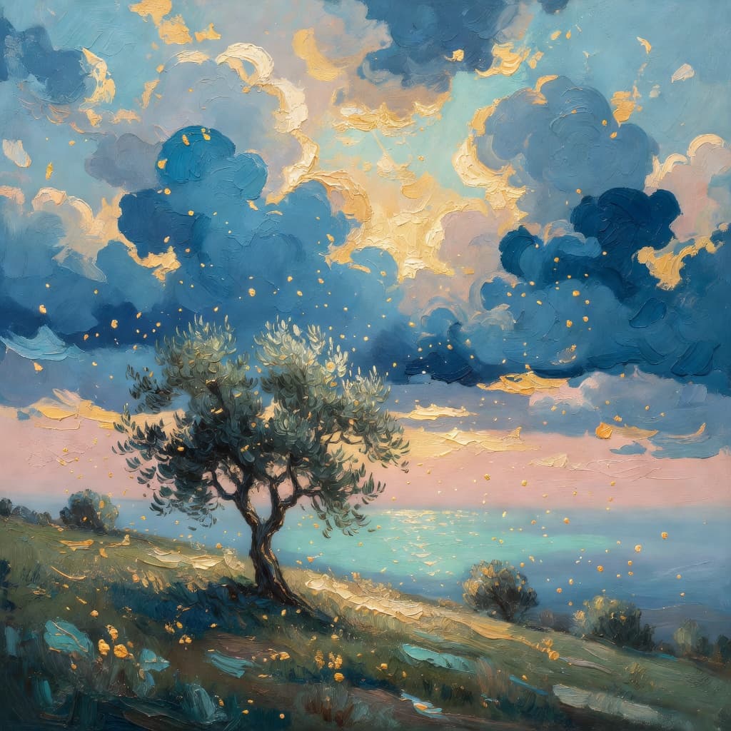 Impressionist oil painting representing john the apostle with golden light, sacred clouds, and a hopeful biblical atmosphere