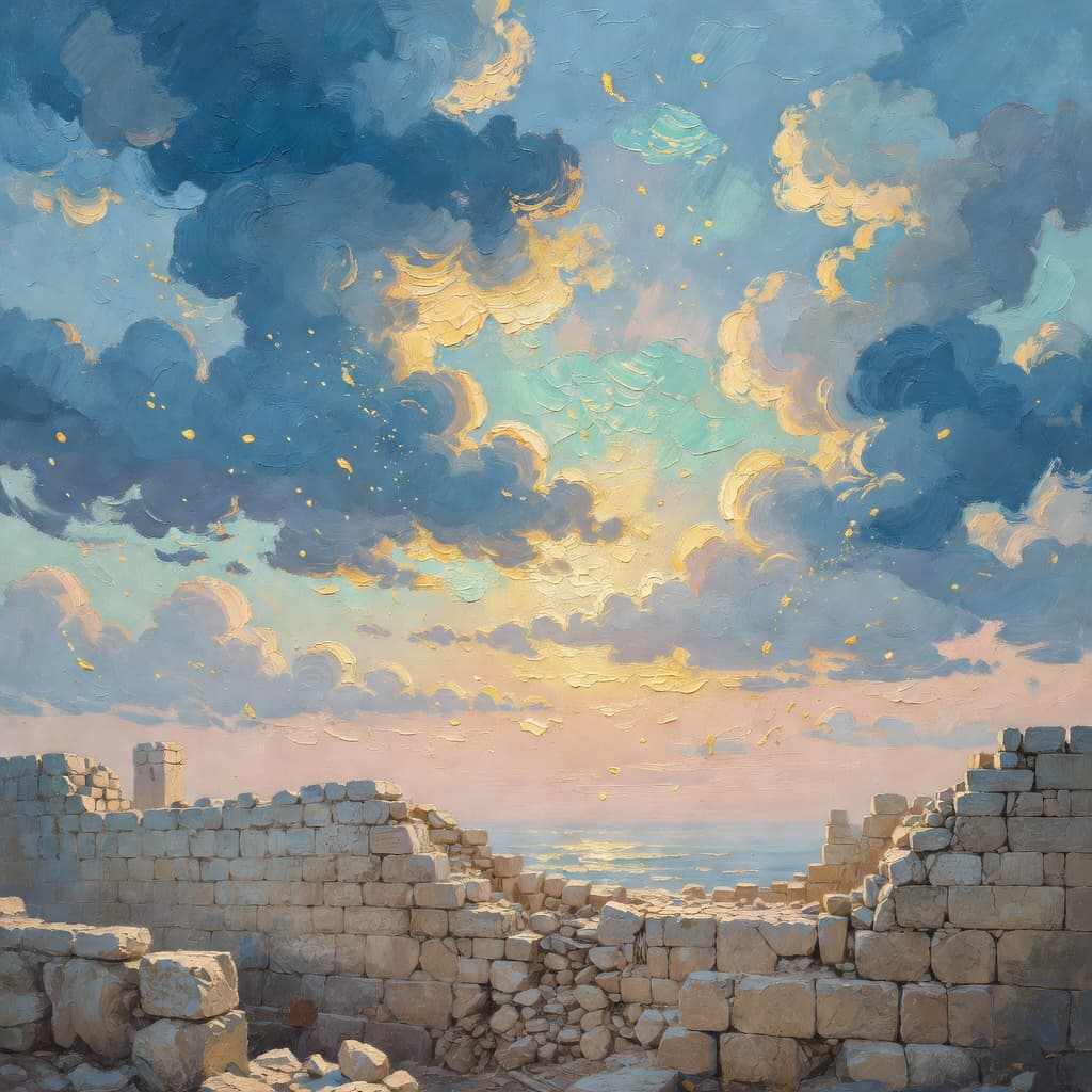 Impressionist oil painting representing Jonah with golden light, sacred clouds, and a hopeful biblical atmosphere