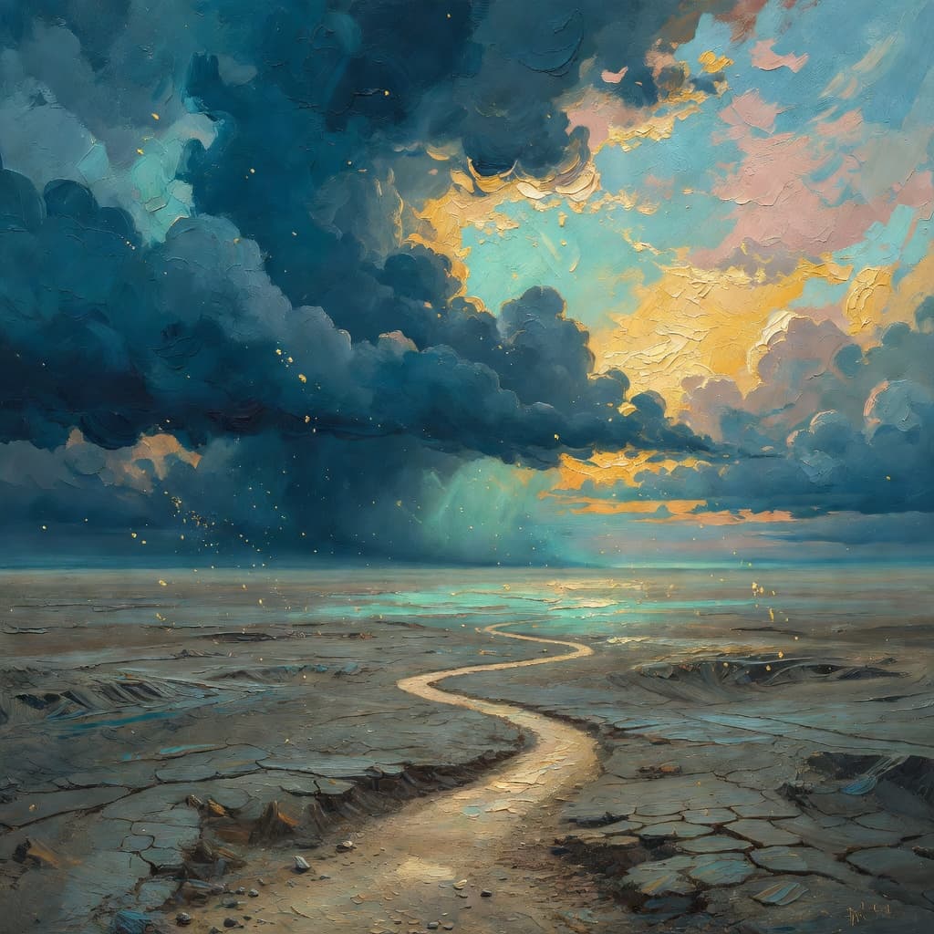 Impressionist oil painting about Lot with golden light and sacred clouds