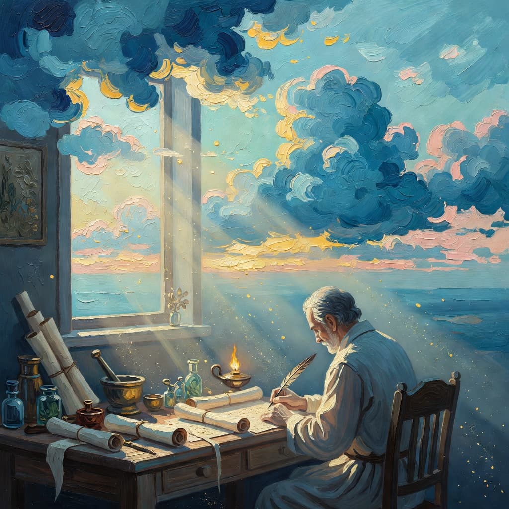 Impressionist oil painting about Luke the Evangelist with golden light and sacred clouds