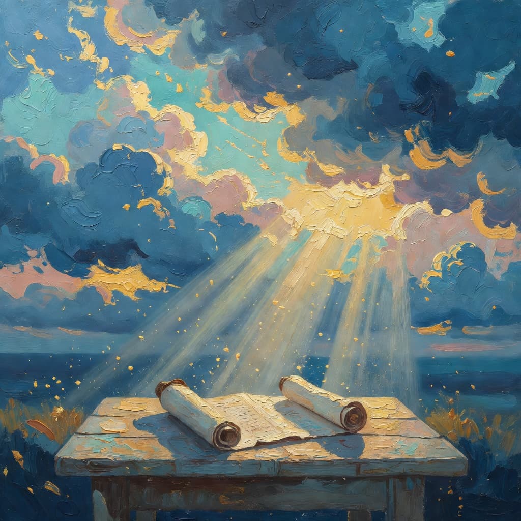 Impressionist oil painting about Mark the Evangelist with golden light and sacred clouds