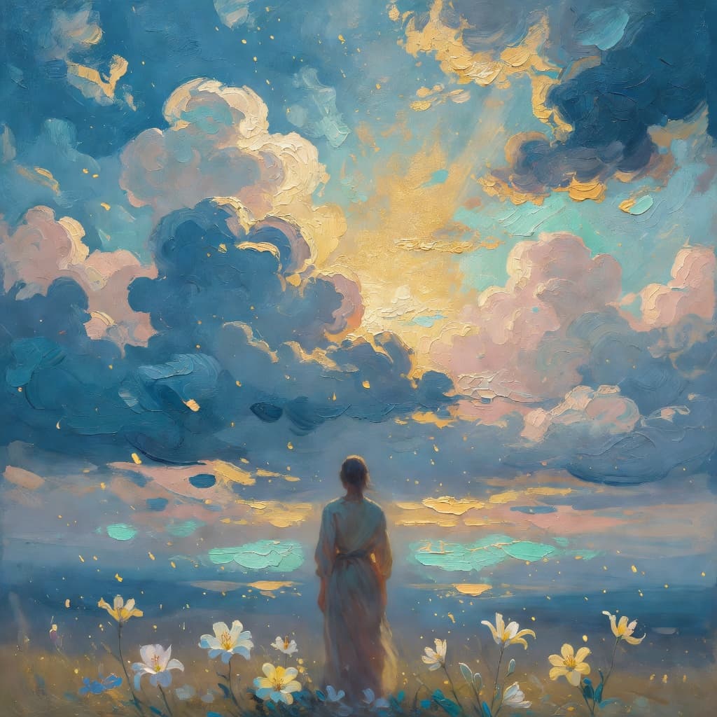 Impressionist oil painting representing mary mother of jesus with golden light, sacred clouds, and a hopeful biblical atmosphere