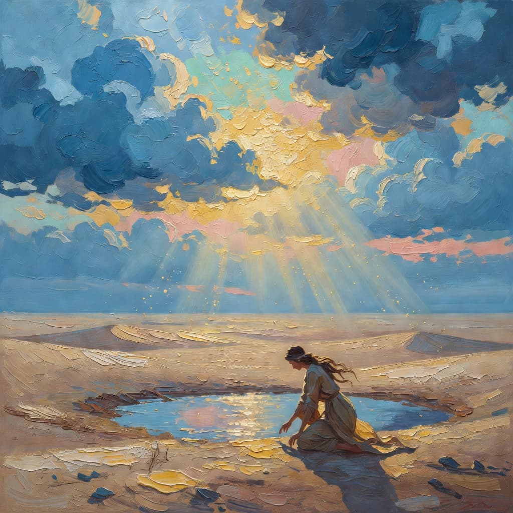 Impressionist oil painting about Nicodemus with golden light and sacred clouds