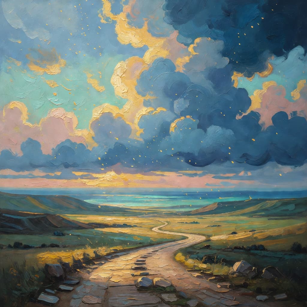 Impressionist oil painting representing paul the apostle with golden light, sacred clouds, and a hopeful biblical atmosphere