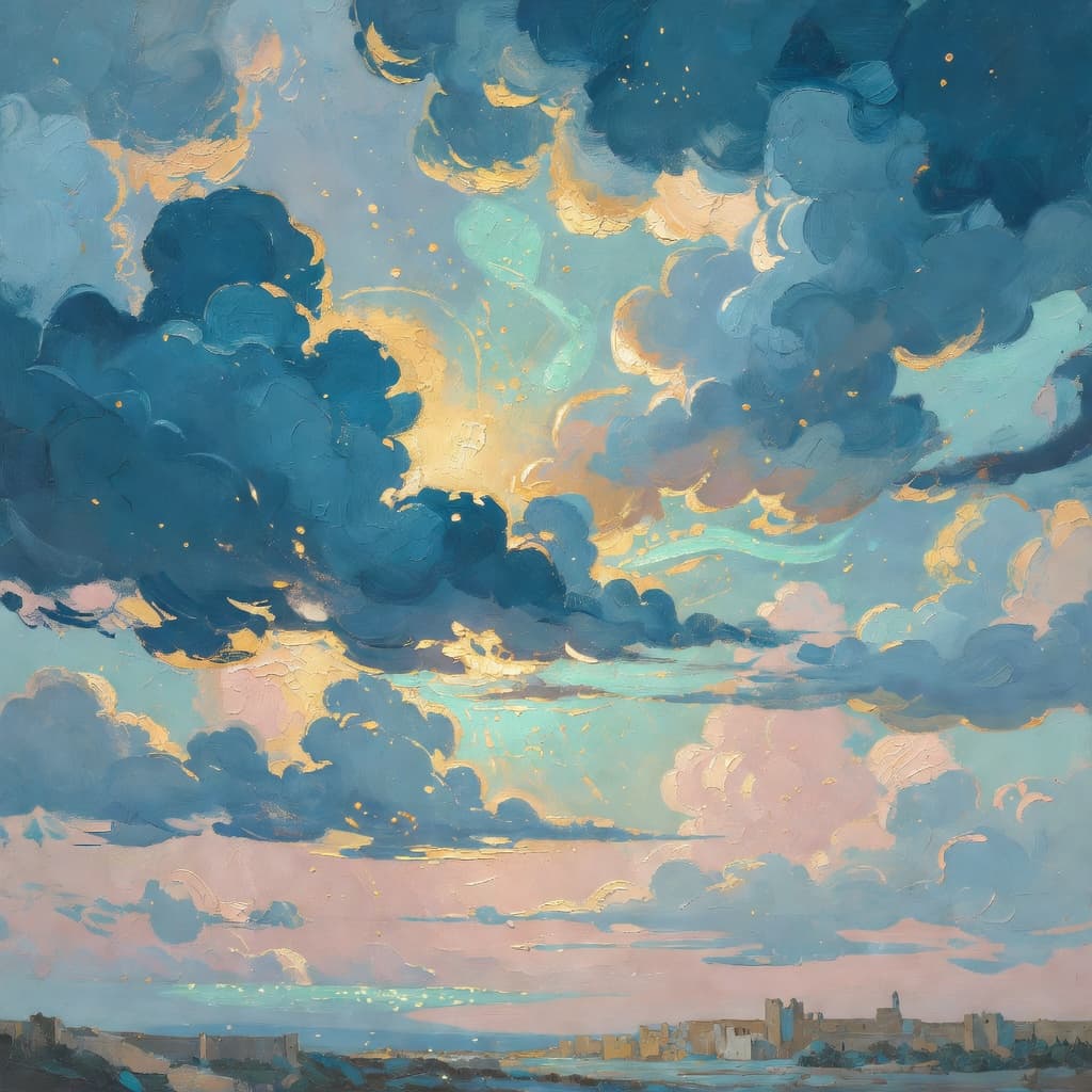 Impressionist oil painting representing rahab with golden light, sacred clouds, and a hopeful biblical atmosphere