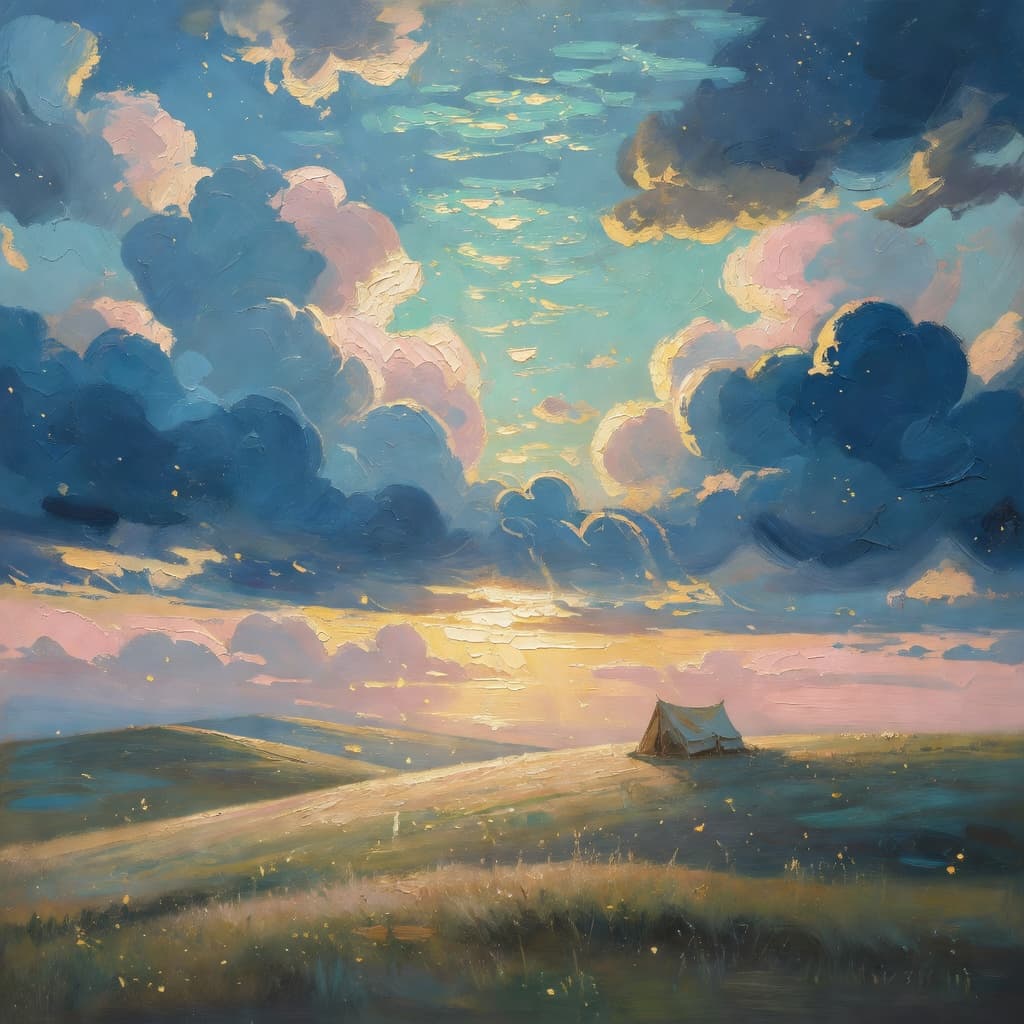 Impressionist oil painting representing rebecca with golden light, sacred clouds, and a hopeful biblical atmosphere