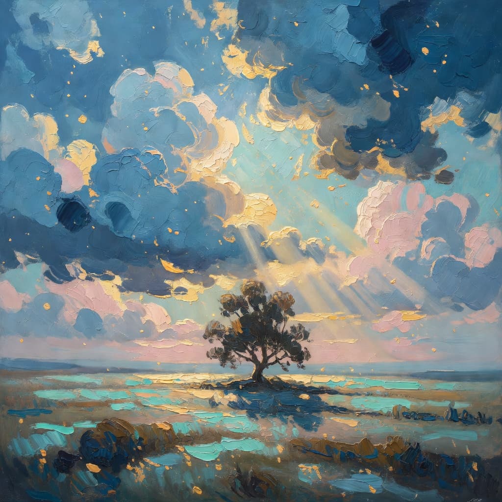 Impressionist oil painting representing samuel with golden light, sacred clouds, and a hopeful biblical atmosphere