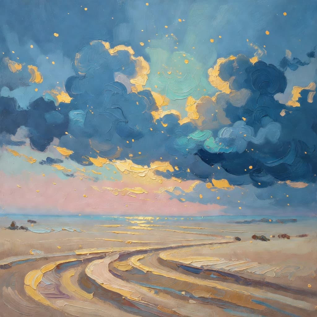 Impressionist oil painting representing sarah with golden light, sacred clouds, and a hopeful biblical atmosphere